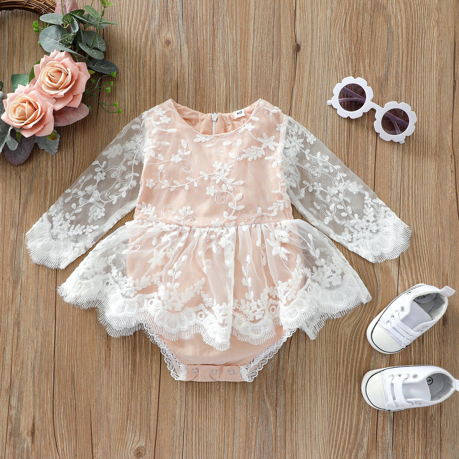 Baby Girl Floral Embroidered Mesh Overlay Design Onesies Dress My Kids-USA