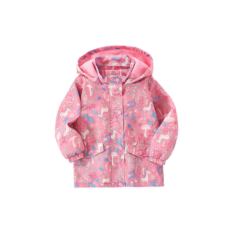 Baby Girl Cartoon & Floral Print Pattern Zipper Hooded Jacket Windbreaker My Kids-USA
