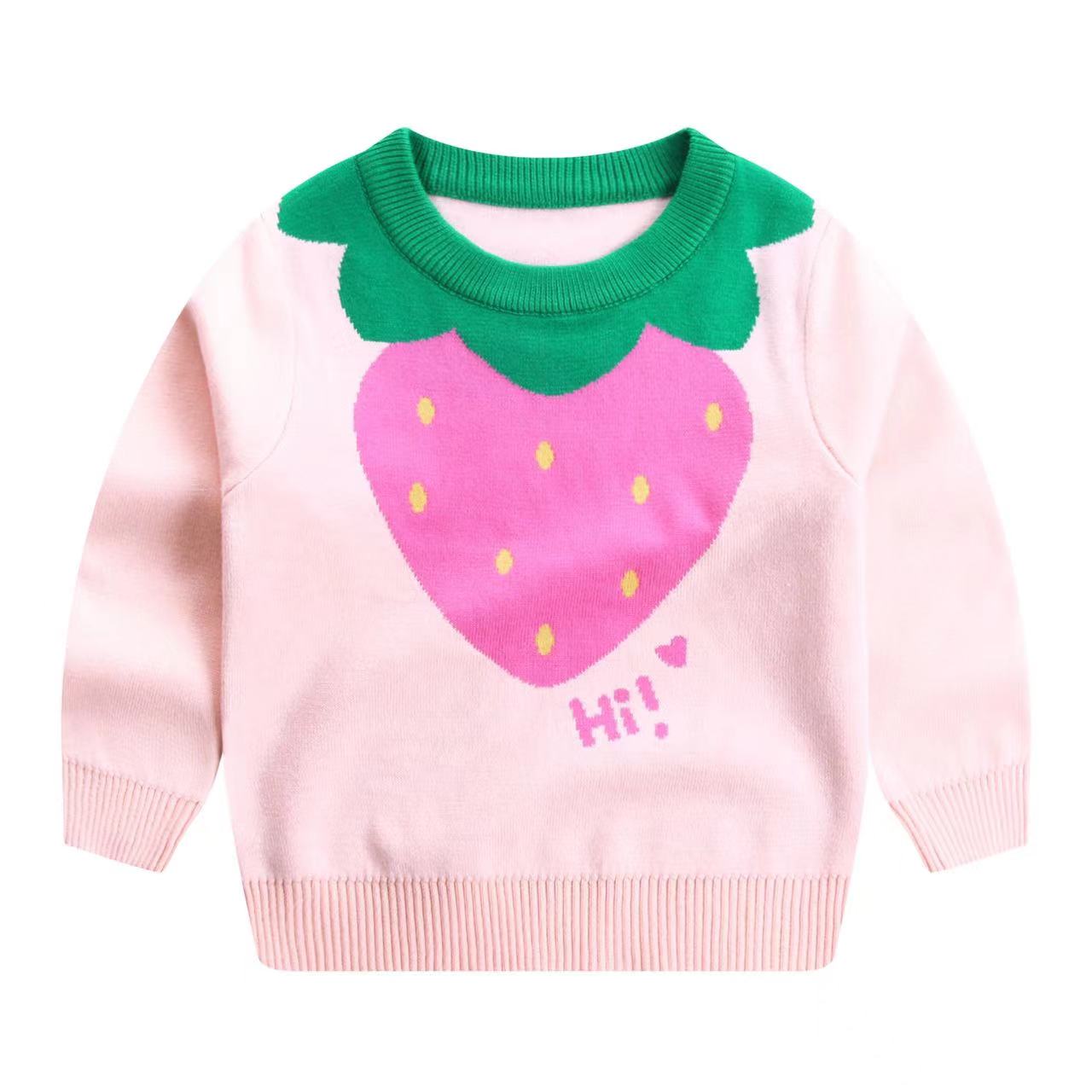 Baby Girl Cartoon Strawberry Pattern Solid Pink Pullover Sweater My Kids-USA