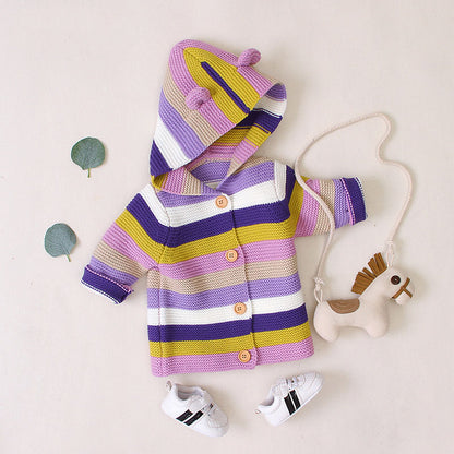 Baby Colorful Striped Pattern Button Front Knitted Cardigan With Hat My Kids-USA