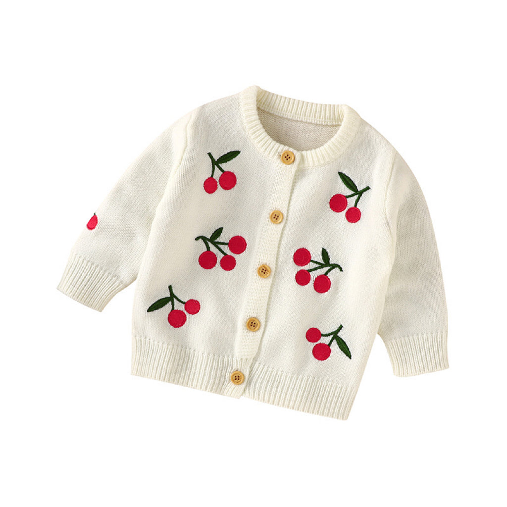 Baby Cherry Embroidered Pattern Single Breasted Design Knit Cardigan My Kids-USA