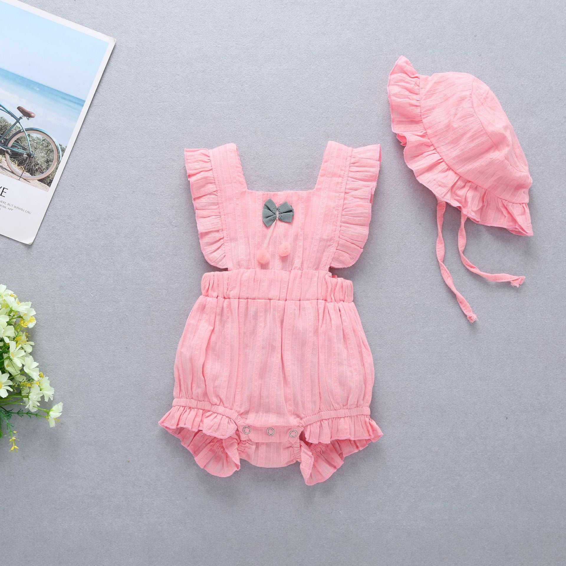 Baby Girl 1pcs Solid Color Bow Tie Design Ruffle Sleeveless Crotch Onesies My Kids-USA