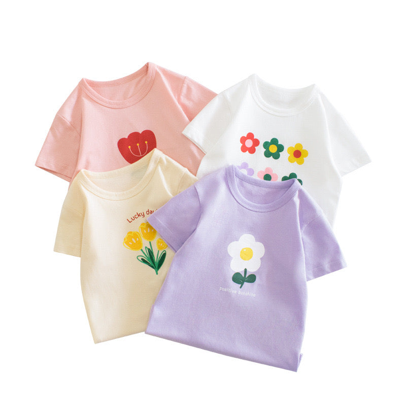 Baby Girl Floral Print Solid Color O-Neck Short Sleeved T-Shirt