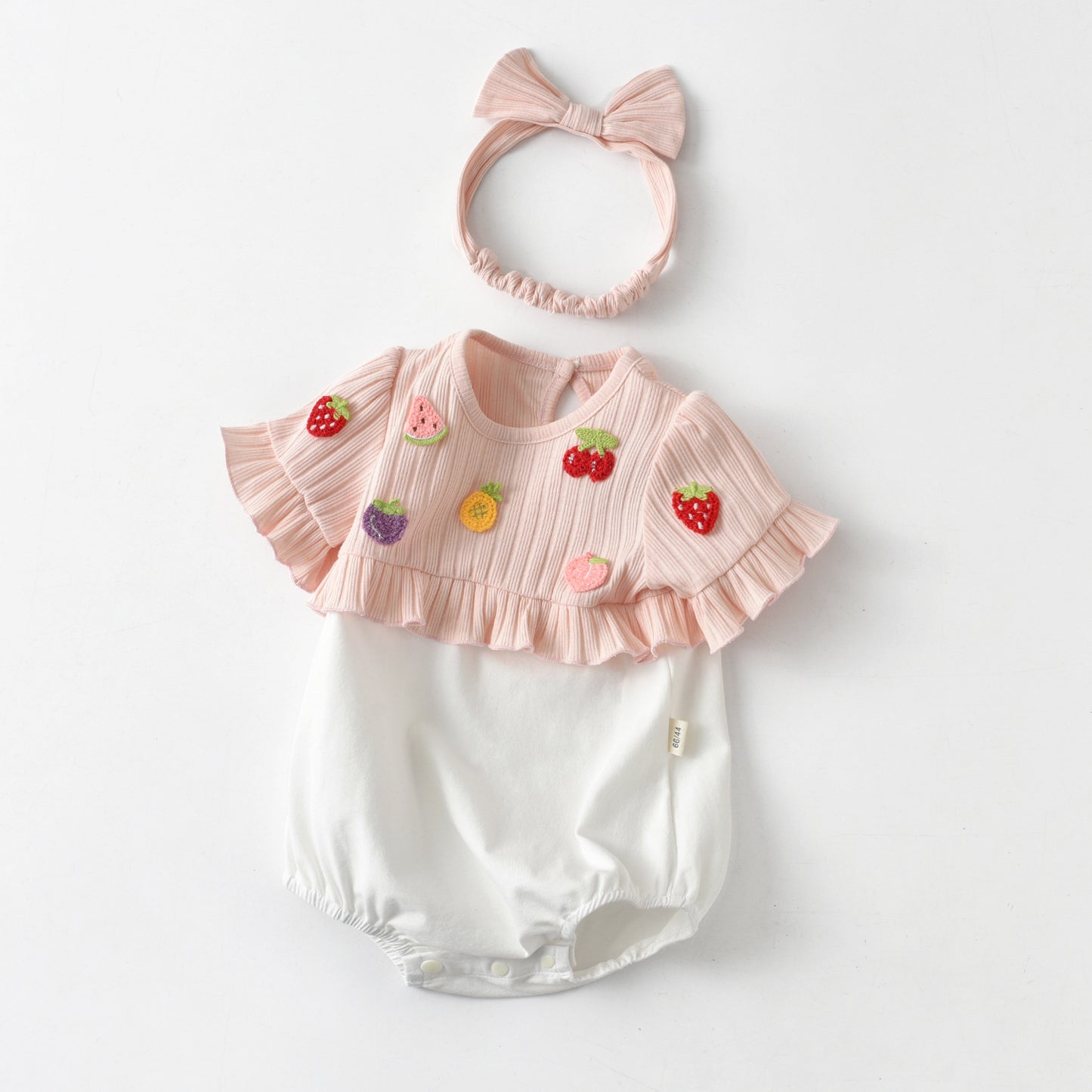 Baby Girls Fruit Embroidered Graphic Lace Sleeve Onesies & Headband, MyKids-USA®, Baby One-Pieces, MyKids-USA - Size/Age - 59 (0-3M) - Color - Pink -  -  - JM2205091931-A