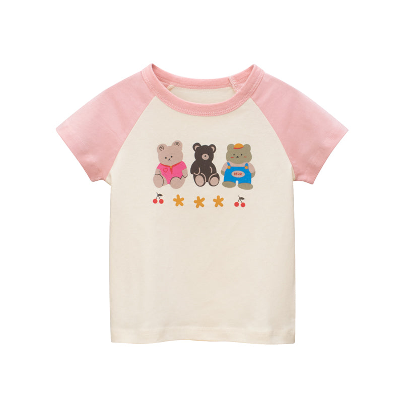 Baby Girls Bear Print Color Contrast Short-Sleeved Tee Shirt