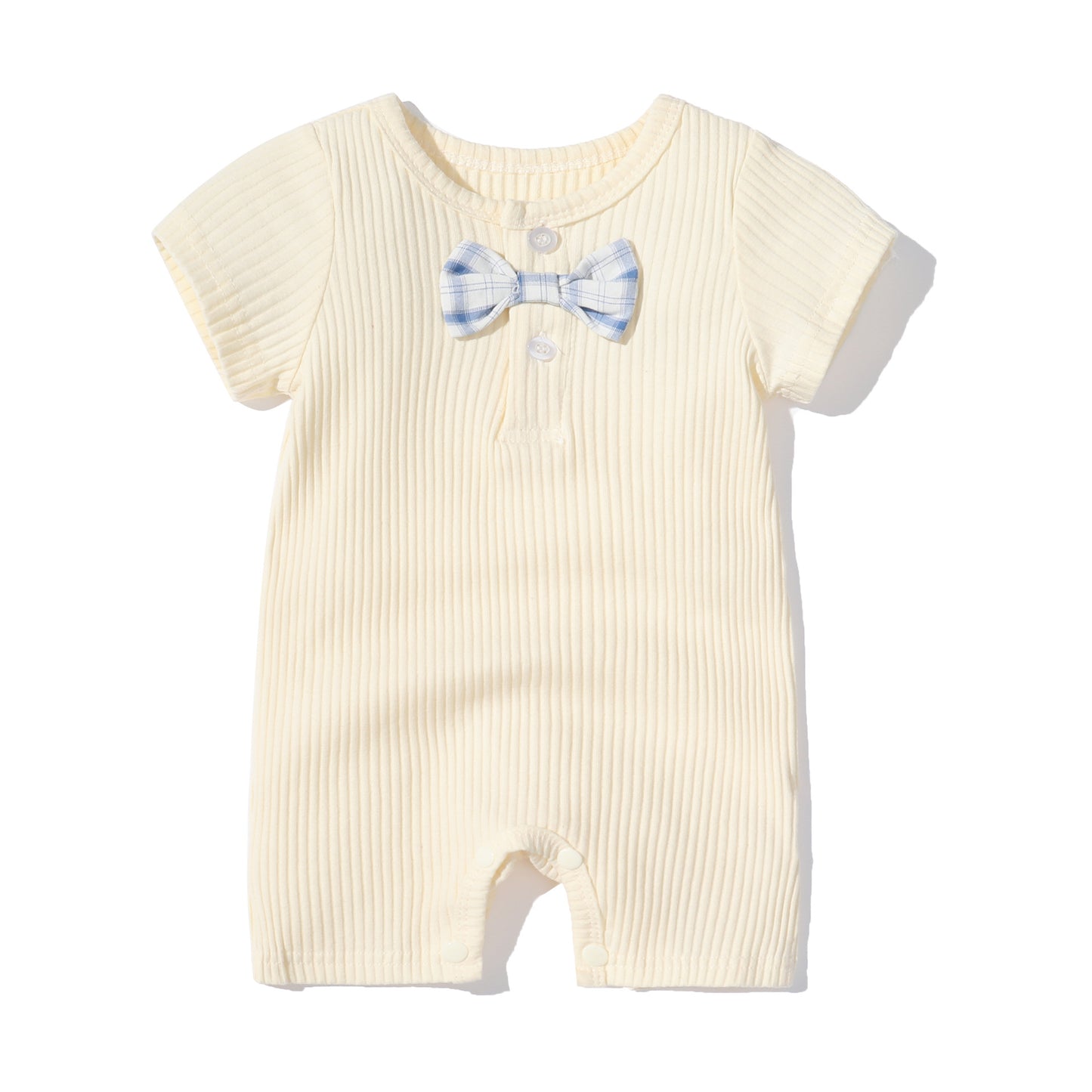 Baby Boy And Girl Solid Color Bow Tie Decoration Short Sleeve Neck-Buttoned Romper