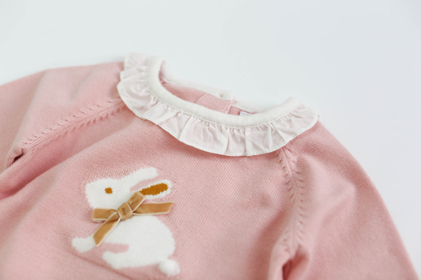 Baby Girl Bunny Print Pattern Ruffle Neck Long Sleeved Knitted Sweater My Kids-USA