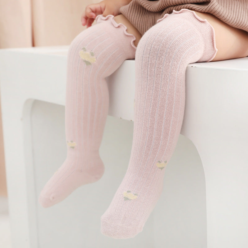 Baby Solid Color Wooden Ear Design Over Knee Socks In Autumn