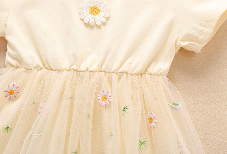 Baby Girl Embroidery Daisy Short-Sleeved Round Collar Dress MyKids-USA Baby Girl Embroidery Daisy Short-Sleeved Round Collar Dress MyKids-USA