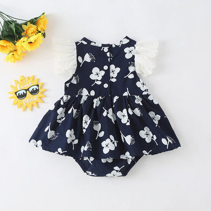Baby Girls Floral Print Single Breasted Design O-Neck Sleeveless Onesies Dress In Summer My Kids-USA
