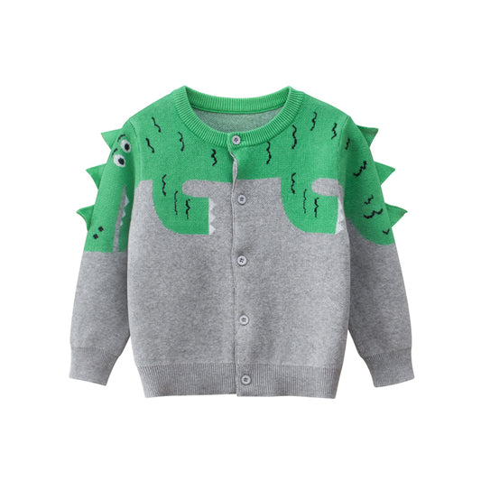 Boys Dinosaur Pattern Round Collar Long-Sleeved Sweater Cardigan My Kids-USA