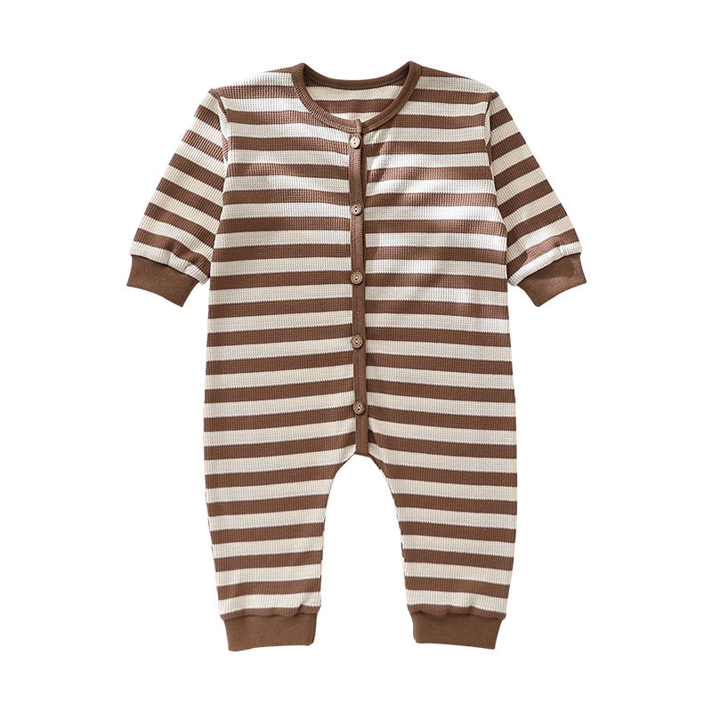 Baby Striped Pattern Waffle Knitted Design Long Sleeve Romper