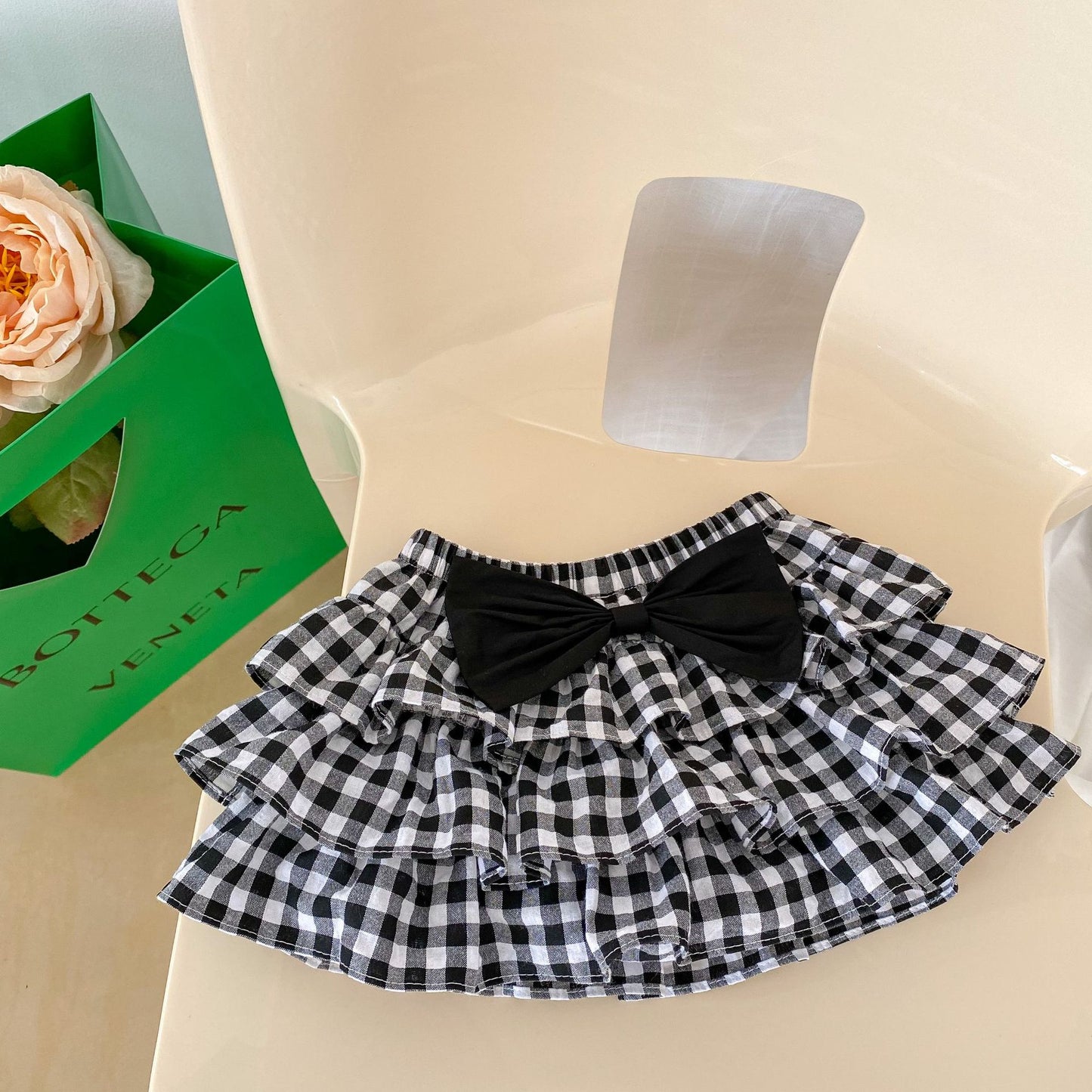 Baby Girl Cherry Laple Neck Shirt With Plaid Skirt Sets