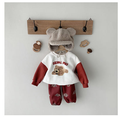 Baby Boy And Girl Bear Print Color Matching Design Spring Autumn Long Sleeve Hoodie My Kids-USA