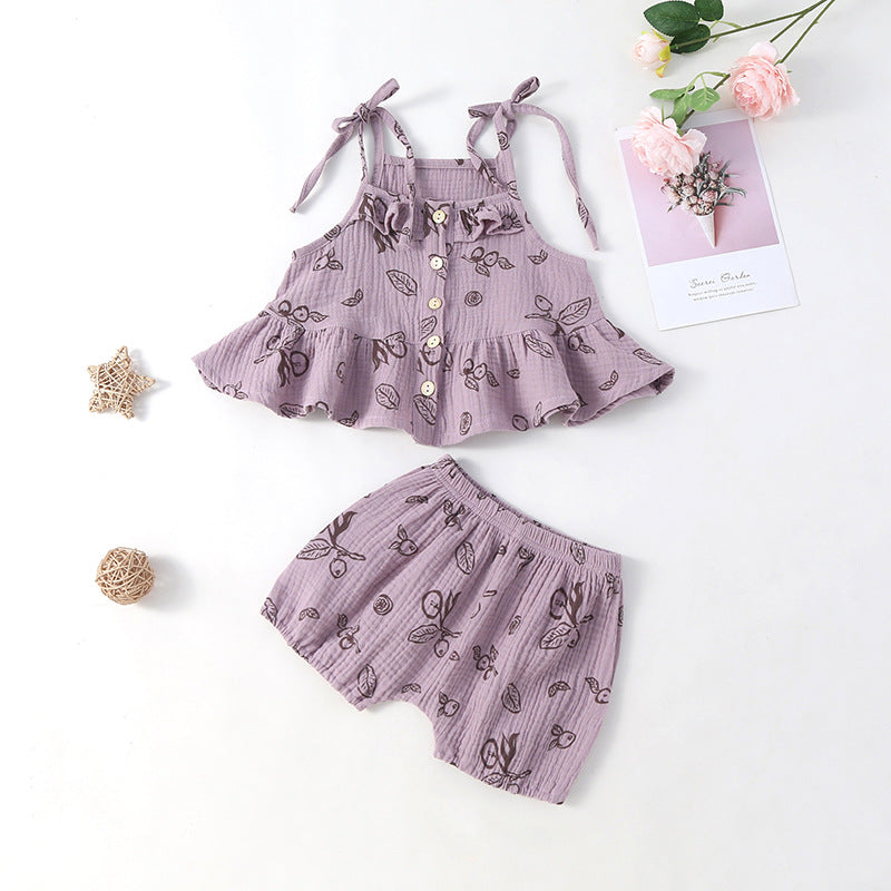 Baby Girl Printed Pattern Ruffle Design Sleeveless Top Combination Shorts Set My Kids-USA