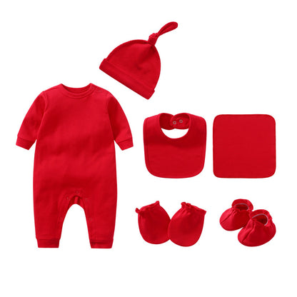 Newborn Solid Color Romper Hat, Bib, Gloves, Footwear, Square Scarf Sets