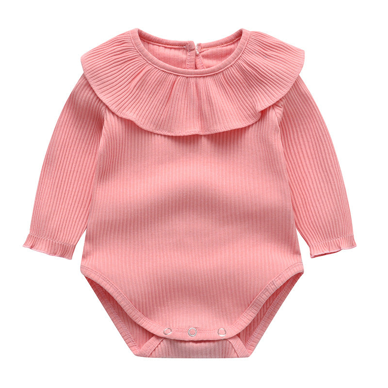 Baby Girl Solid Color Ruffle Neck Design Onesies à manches longues 