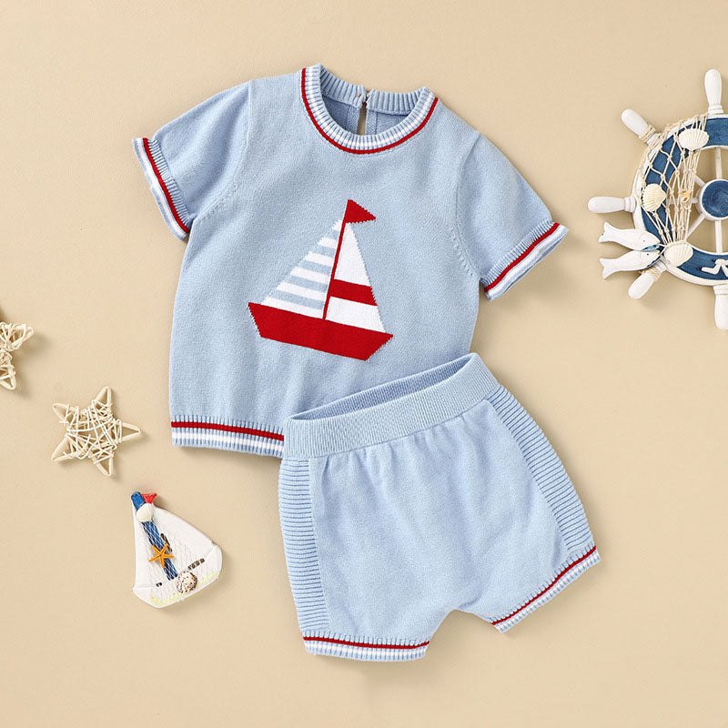 Baby Boy Embroidered Graphic Striped Neck & Sleeve Design Tee Combo Shorts Sailor Style Sets My Kids-USA