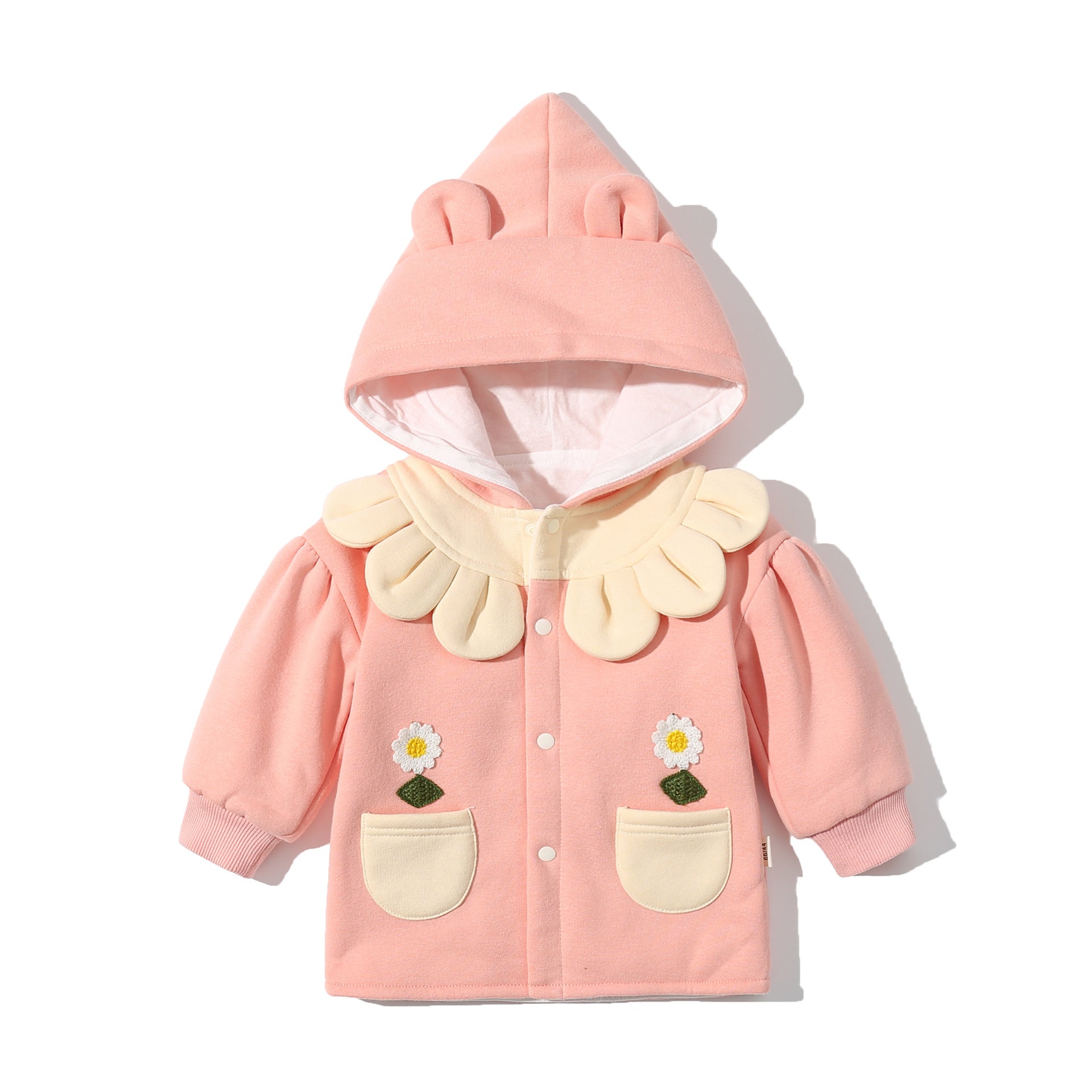 Baby Girl Flower Patched Pattern Single Breasted Design Double Layer Thickened Coat My Kids-USA