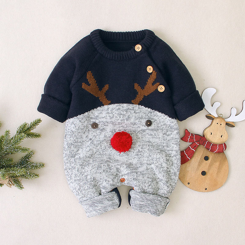Baby Cartton Pattern Contrast Design Side Button Christmas Knitted Romper My Kids-USA
