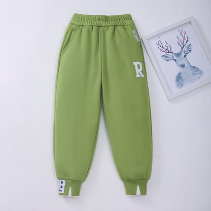 Baby 1pcs Solid Color Letter Embroidered Design Fleece Thickened Trousers My Kids-USA
