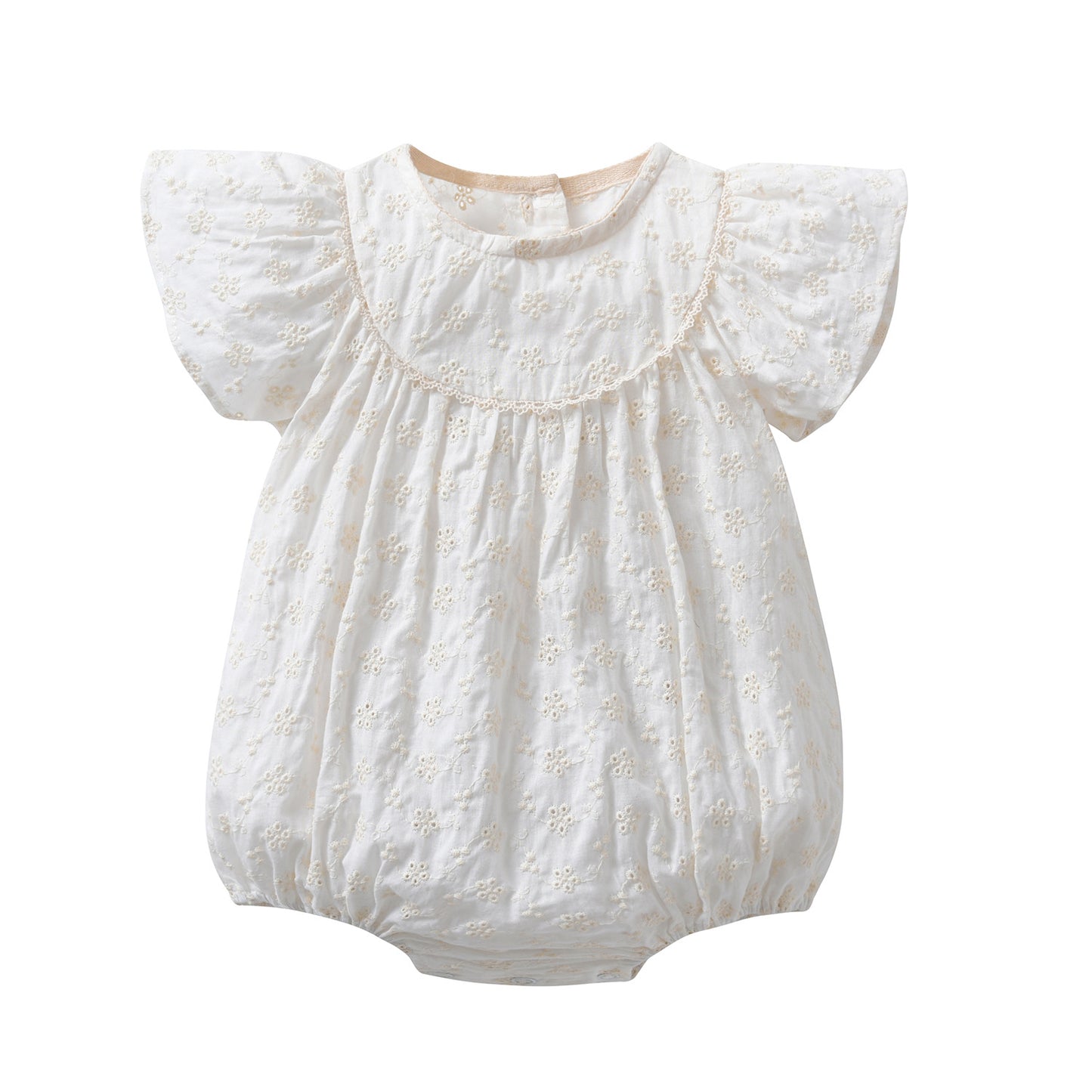 Baby Girls Lace Embroidery Round Collar Fly And Short Sleeve Onesies With Bottons My Kids-USA