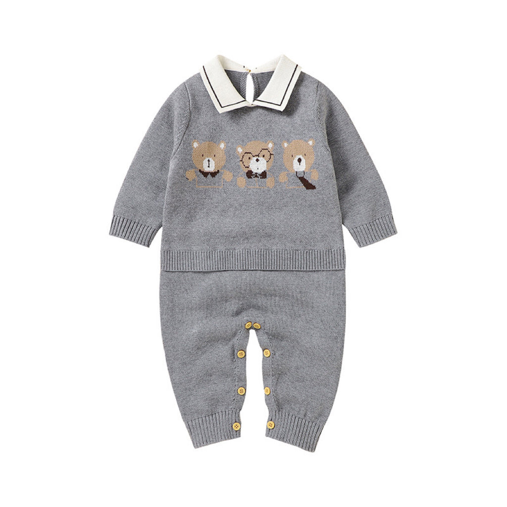 Baby Cartoon Bear Pattern Lapel Design Knitted Romper, MyKids-USA®, Baby One-Pieces, MyKids-USA -  -  -  -  -  -  - 