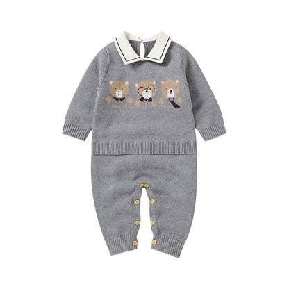 Baby Cartoon Bear Pattern Lapel Design Knitted Romper, MyKids-USA®, Baby One-Pieces, MyKids-USA -  -  -  -  -  -  - 