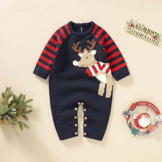 Baby Cartoon Elk Graphic Side Striped Sleeve Knitted Romper My Kids-USA