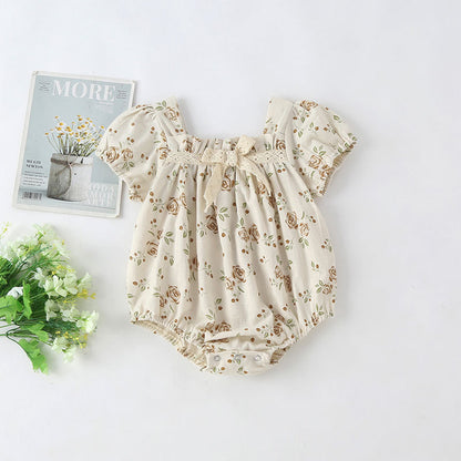 Baby Girl Floral Print Pattern Puff Sleeved Design Onesies With Bow Decoration In Summer My Kids-USA