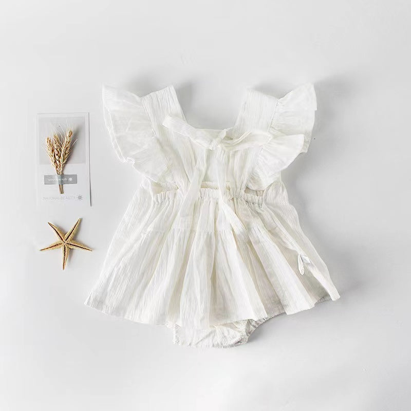 Baby Girl Belted Bow Tie Design Mesh Square Neck Solid White Onesies Dress My Kids-USA