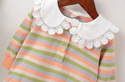 Baby Girl Colorful Striped Pattern Lace Doll Neck Design Bodysuit Onesies My Kids-USA