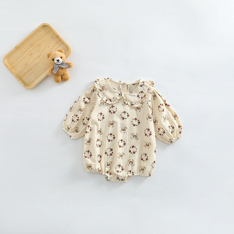 Baby Girl Flower Bear Print Pattern Doll Neck Sweet Bodysuit My Kids-USA