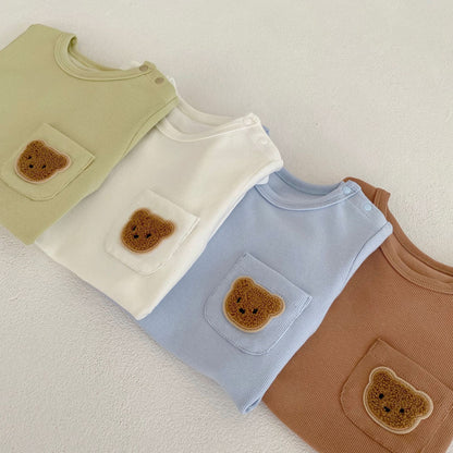 Baby Solid Color Bear Patched Pattern Comfy Summer Romper