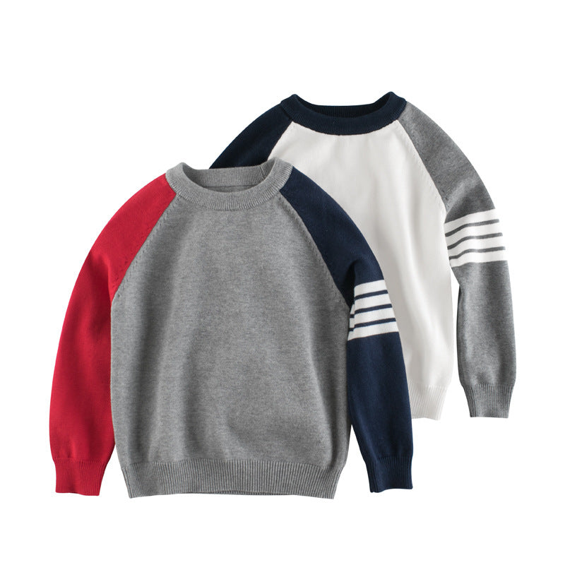 Baby Boy Contrast Design Side Striped Pattern Knitted Western Style Sweater My Kids-USA