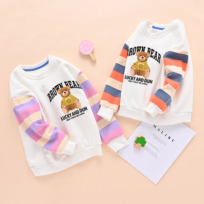 Baby Cute Bear Print Pattern Colorful Striped Design Pullover Fleece Hoodies My Kids-USA