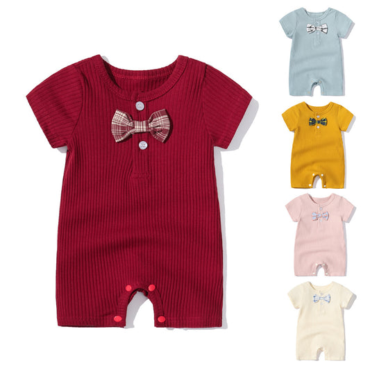 Baby Boy And Girl Solid Color Bow Tie Decoration Short Sleeve Neck-Buttoned Romper