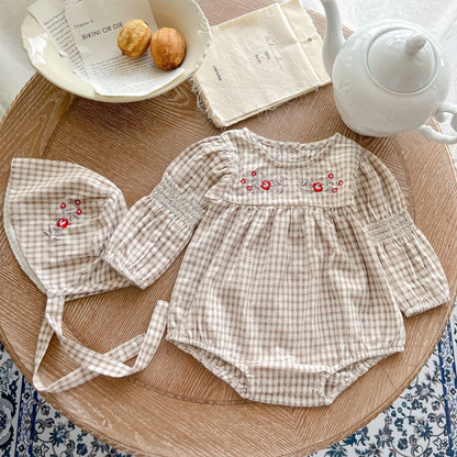 Baby Girl Plaid Pattern Floral Embroidered Design Bodysuit My Kids-USA