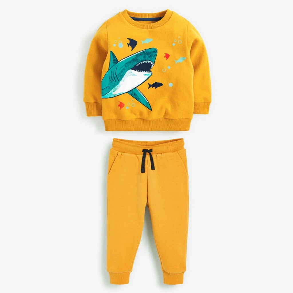 Baby Boy Cartoon Shark Graphic Hoodie Combo Solid Yellow Trousers Fleece Thermal Sets My Kids-USA