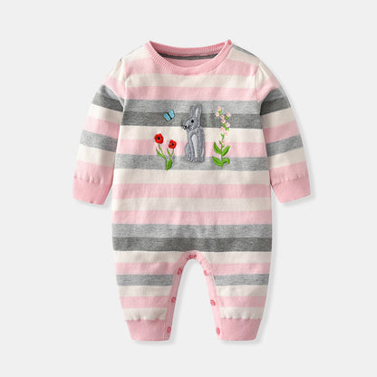 Baby Girl Pink Striped Pattern Embroidered Design Knitted Jumpsuit My Kids-USA