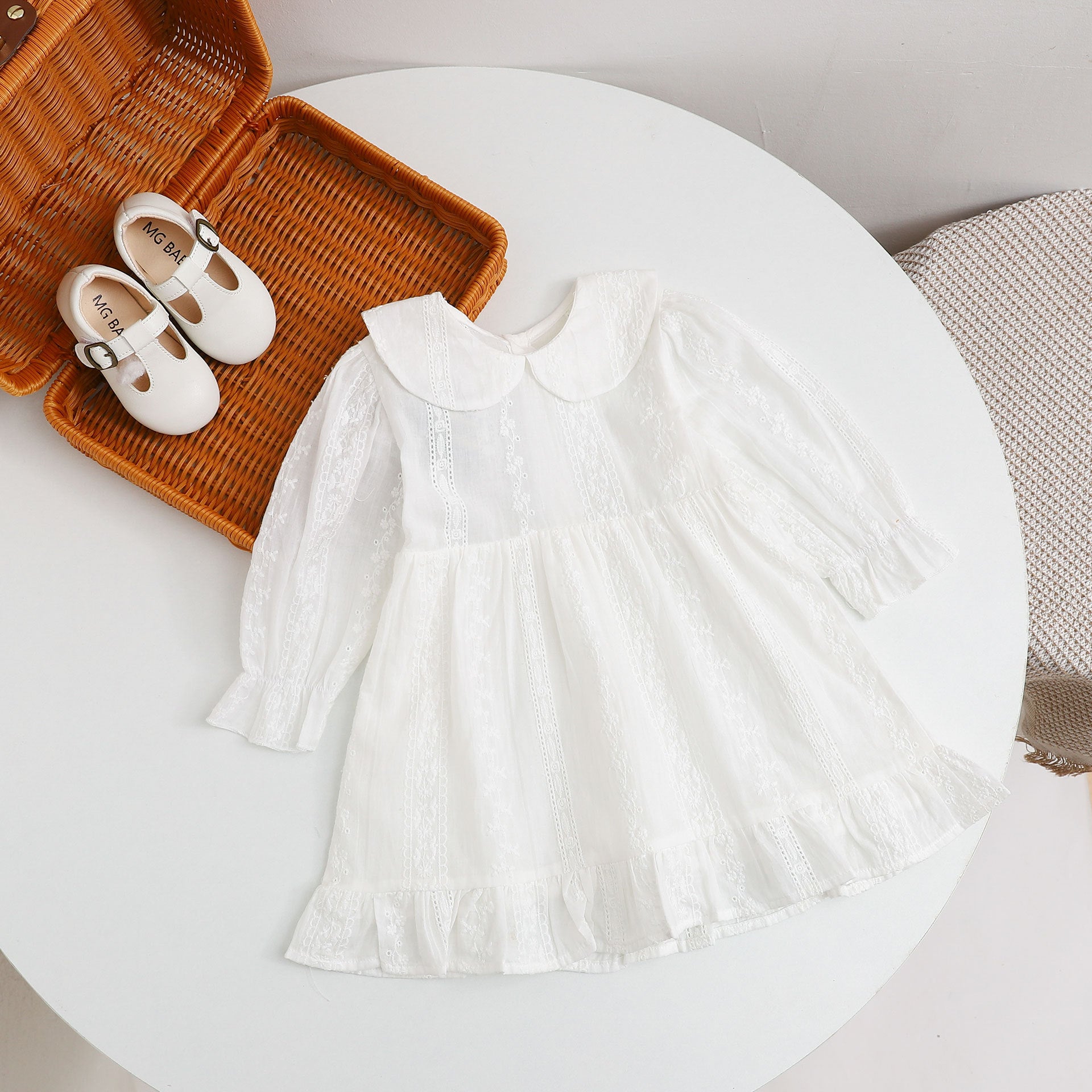 Baby Girl Solid Color White Mesh Embroidered Pattern Long Sleeve Dress My Kids-USA
