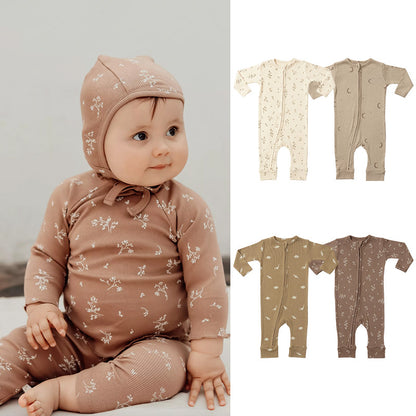Baby Dinosaur & Floral Print Pattern Zipper Front Design Jumpsuit My Kids-USA