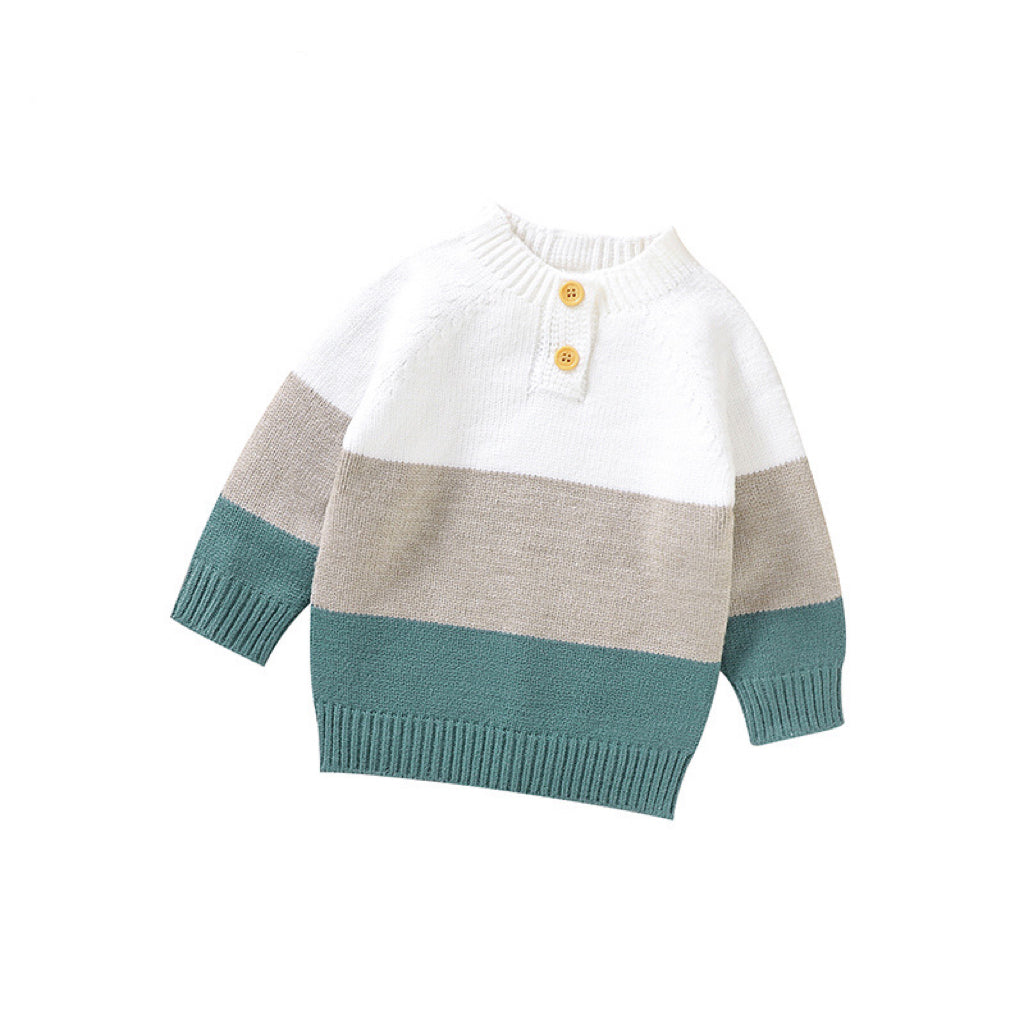 Baby Boy Color block Pattern Quarter Button Design Pullover Crewneck Knitwear Sweater My Kids-USA