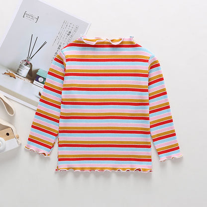 Striped Pattern Wooden Ear Edge Design Round Neck Long Sleeve Bottoming Spring Autumn Shirt