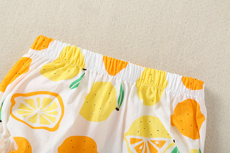 Baby Girl Lemon Fruit Print Sleeveless Dress Combo Short Pants In Sets My Kids-USA