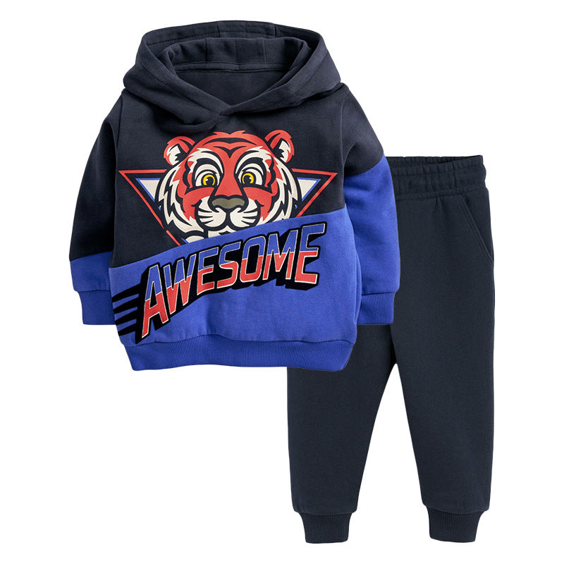 Baby Boy Cartoon Tiger Pattern Contrast Design Cool Western Style Hoodie & Trousers Sets My Kids-USA