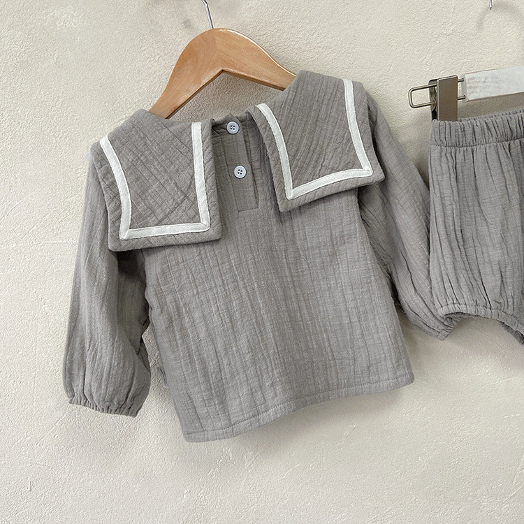 Baby Girl Solid Color Big Lapel Design Shirt Combo Shorts Sailor Style Sets My Kids-USA