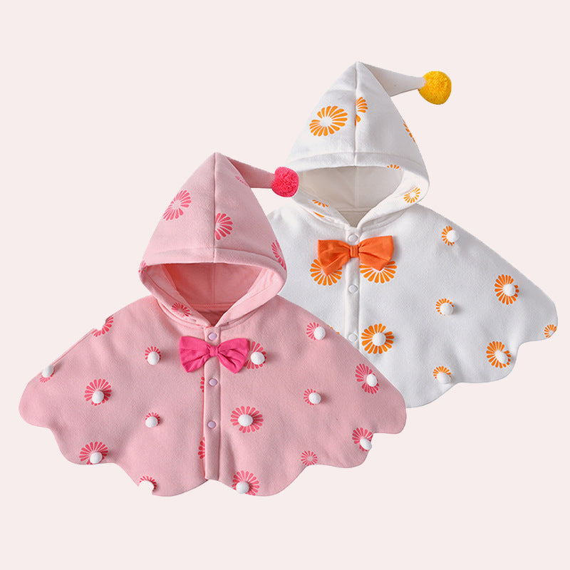Kids Floral Graphic Button Front Design Bow Tie Decoration Warm Shawls With Hat My Kids-USA
