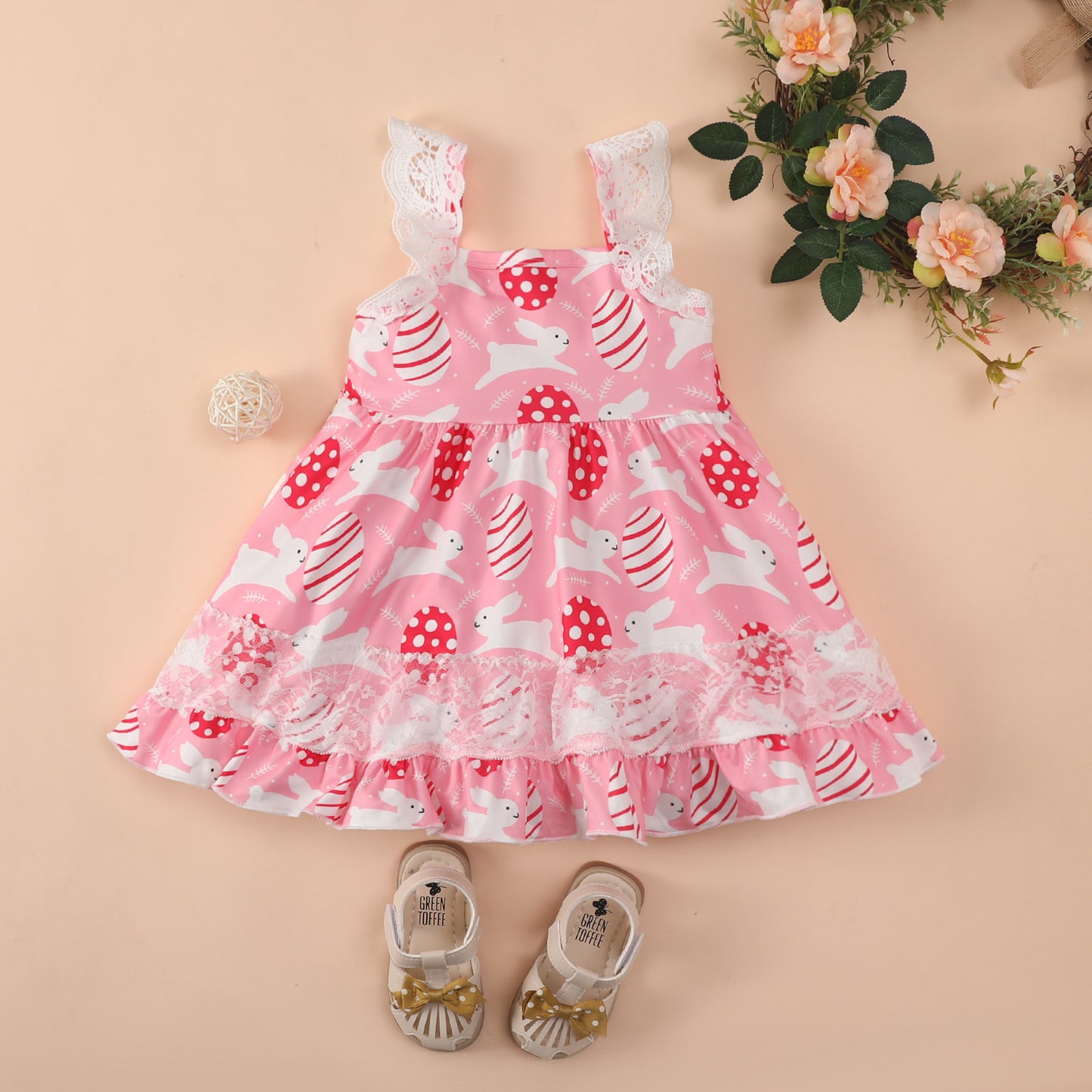 Baby Girl Rabbit & Egg Graphic Mesh Patchwork Design Sleeveless Dress My Kids-USA