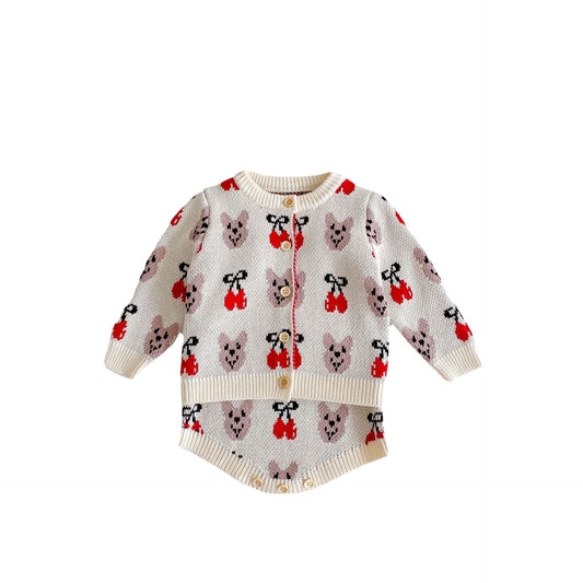 Baby Girl Allover Cartoon Bear & Cherry Embroidered Graphic Bodysuit & Cardigan Knitted Sets, MyKids-USA®, Baby & Toddler Outfits, MyKids-USA -  -  -  -  -  -  - .